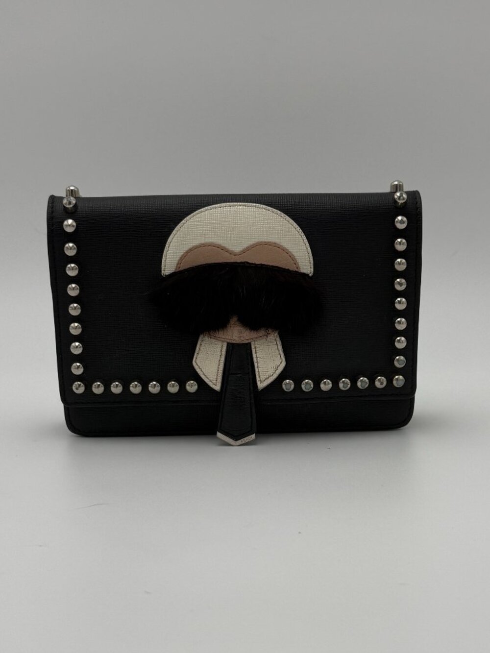 FENDI Karlito Leather Fur-Trimmed Handbag with Crossbody Chain